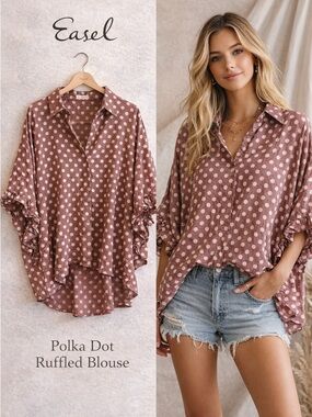 Easel Polka Dot Ruffle Blouse Mauve Boho Flowy Button Front Small